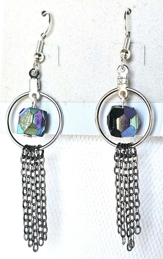 Handmade Iridescent Black Beaded Hoop Earrings with Dark Silver Chain Fringe
