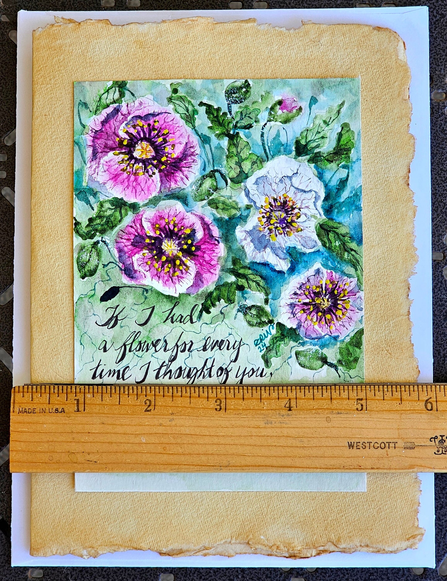 Watercolor Original Painted Poppies Art Card: Burnt Edge Parchment with Envelope