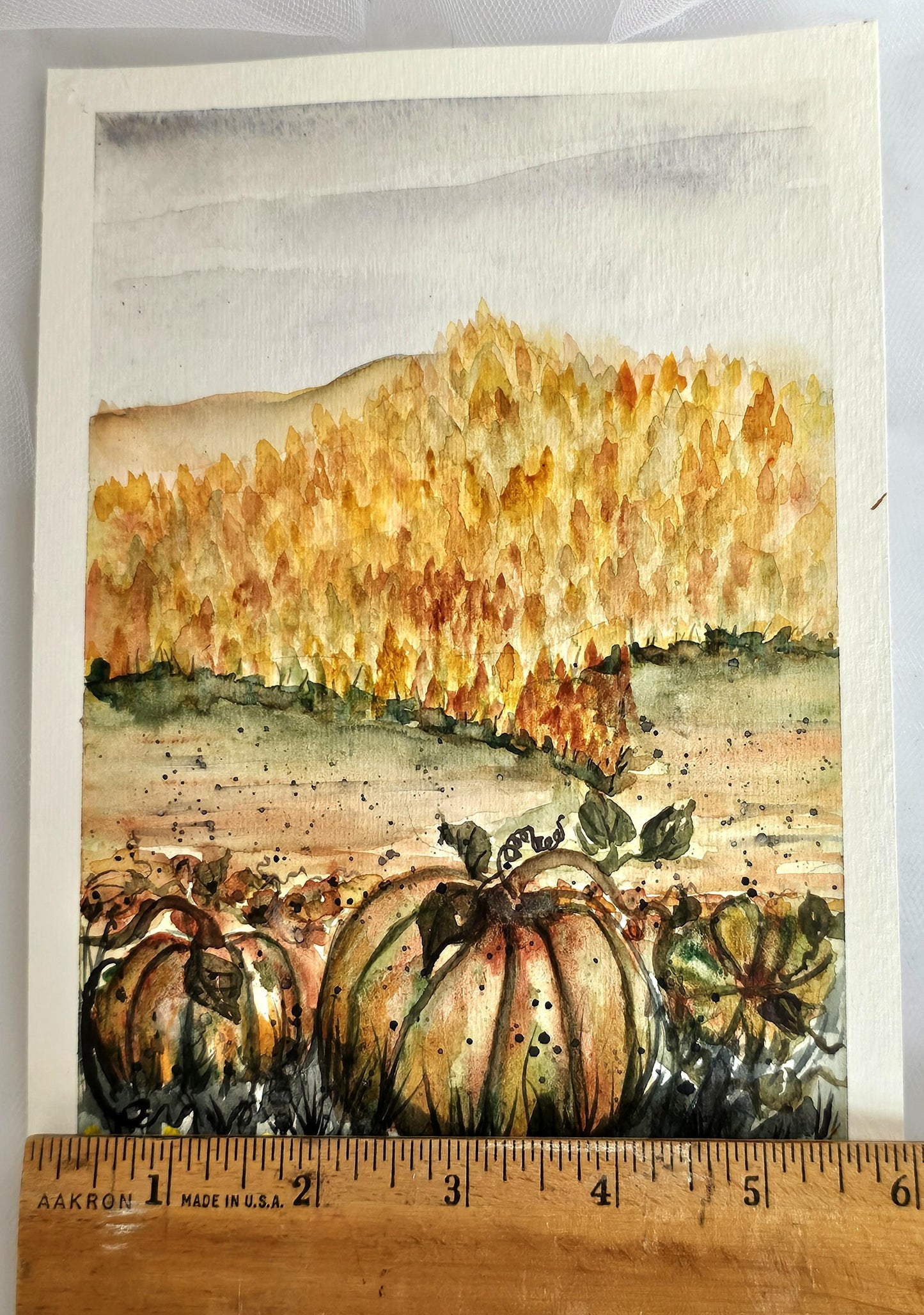 Original Watercolor Art Painting 'Pumpkins in a Field' Unframed 9x6 Autumn Fall Theme