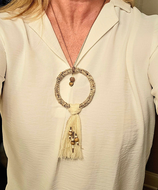 Handmade Boho Crochet Pendant Necklace: Brown Beads, Cream Tassel, Copper Chain