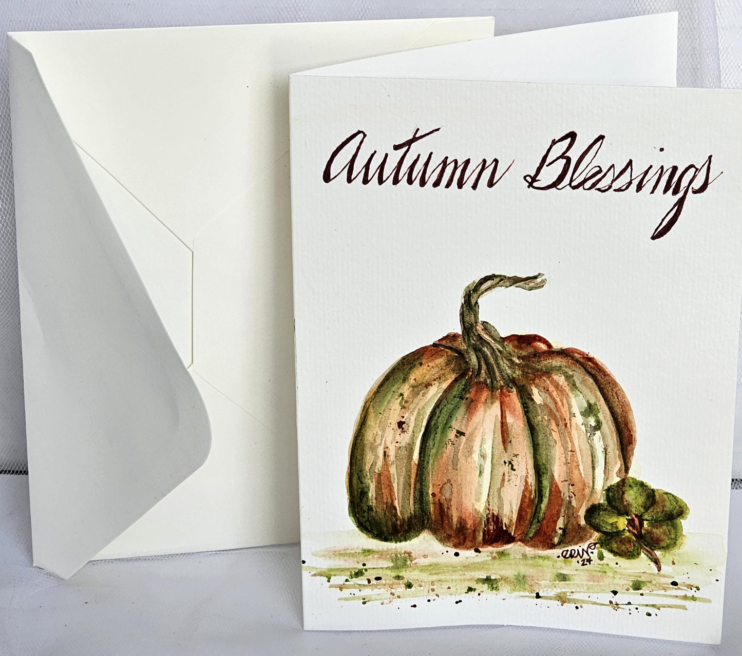 Original Watercolor Art Greeting Card 'Autumn Blessings' Pumpkins 5x7 With White Envelope