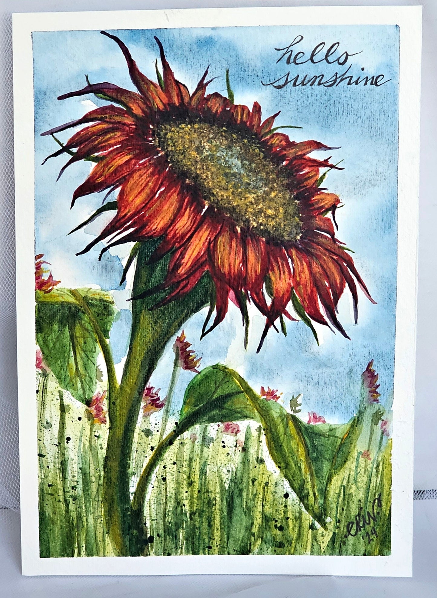 Red Sunflower Watercolor Painting: 'Hello Sunshine' Floral Art (9x6 Unframed)