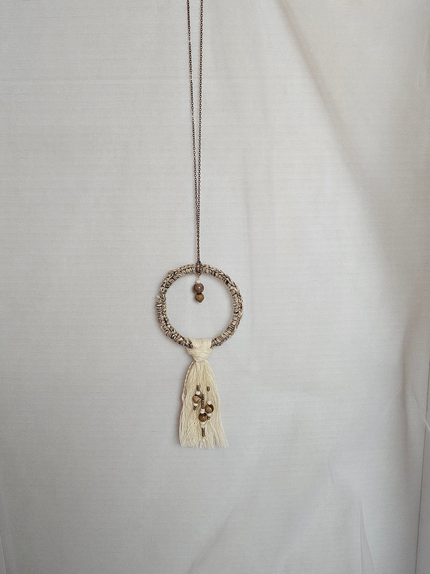 Handmade Boho Crochet Pendant Necklace: Brown Beads, Cream Tassel, Copper Chain