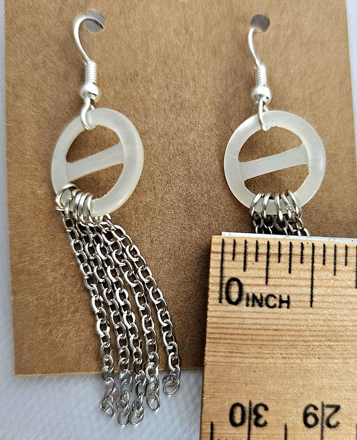 Handmade Mother of Pearl Circle Earrings: Stainless Steel Chain Fringe