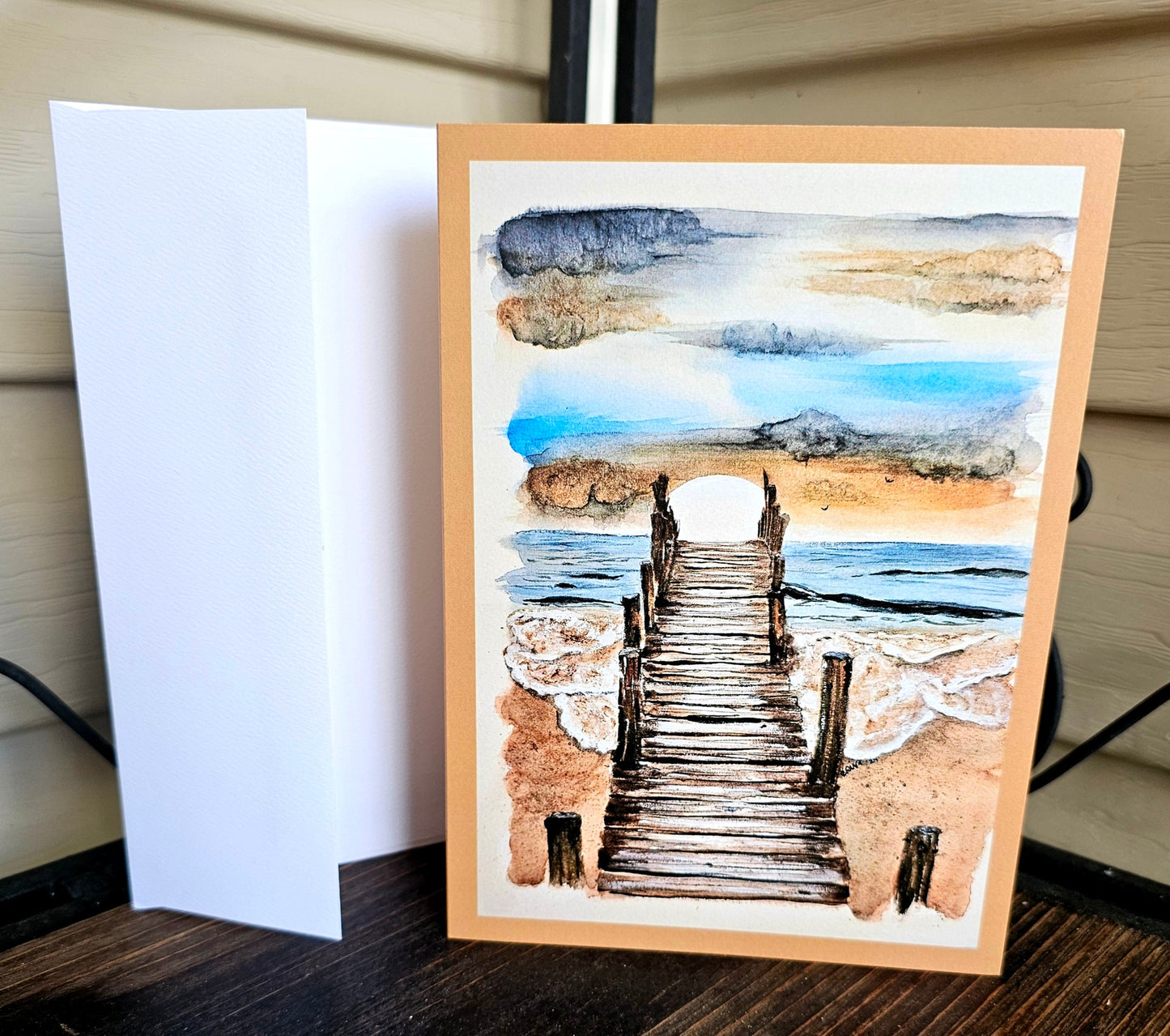 Watercolor Print Beach Pier Art Card: Coastal Greeting, Blank Inside
