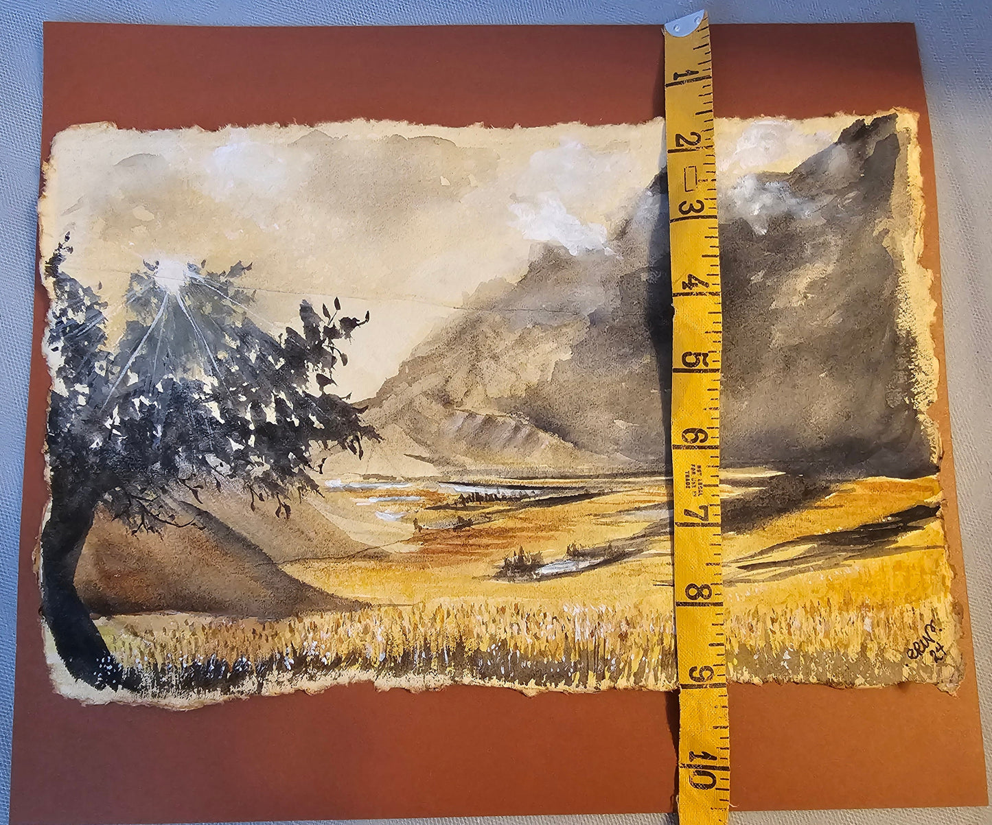 Original Watercolor Painting of 'A Far Away Place' on Burnt Edge Parchment 12x10.5"