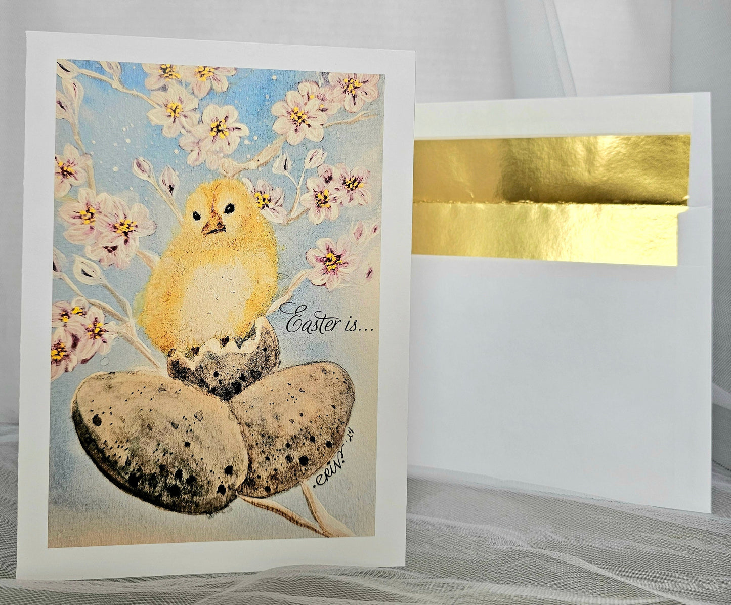 Easter Chick Watercolor Print Christian Card With White Envelope Gold Foil