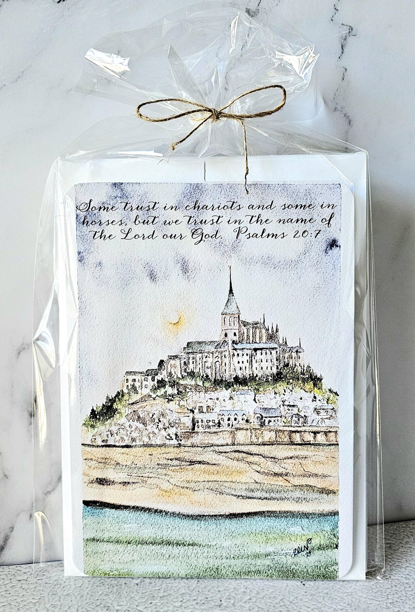 Mont St Michel Watercolor Print Greeting Cards: Christian Verse, Set of 5