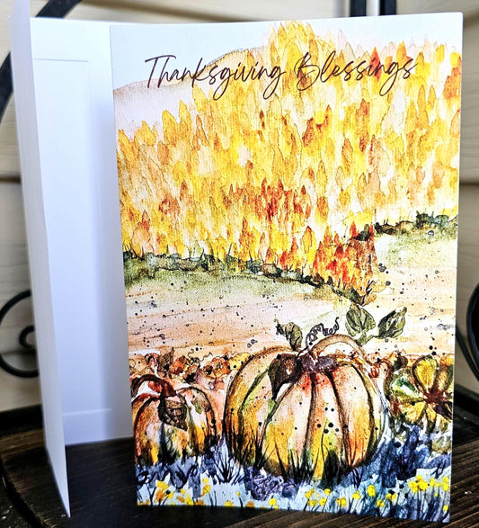 Watercolor Print Thanksgiving Card: Pumpkins in Field, Christian Greeting (5x7)
