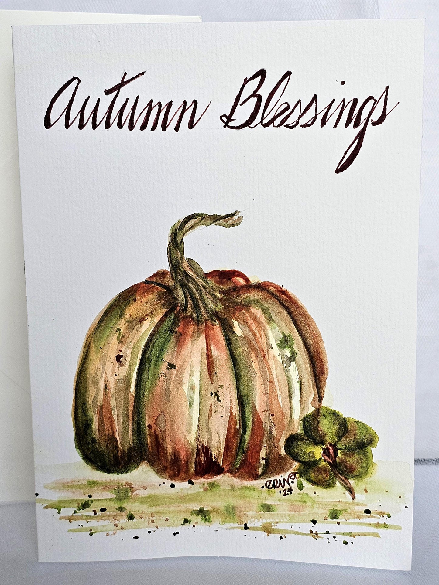 Original Watercolor Art Greeting Card 'Autumn Blessings' Pumpkins 5x7 With White Envelope