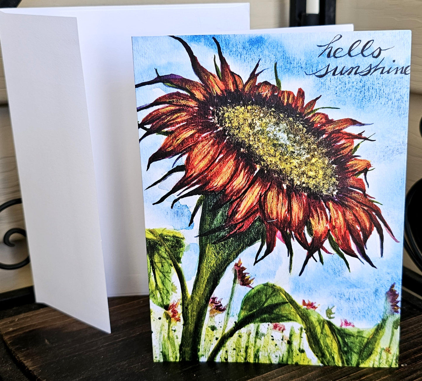 Red Sunflower Watercolor Art Print: Hello Sunshine Fall Greeting Card