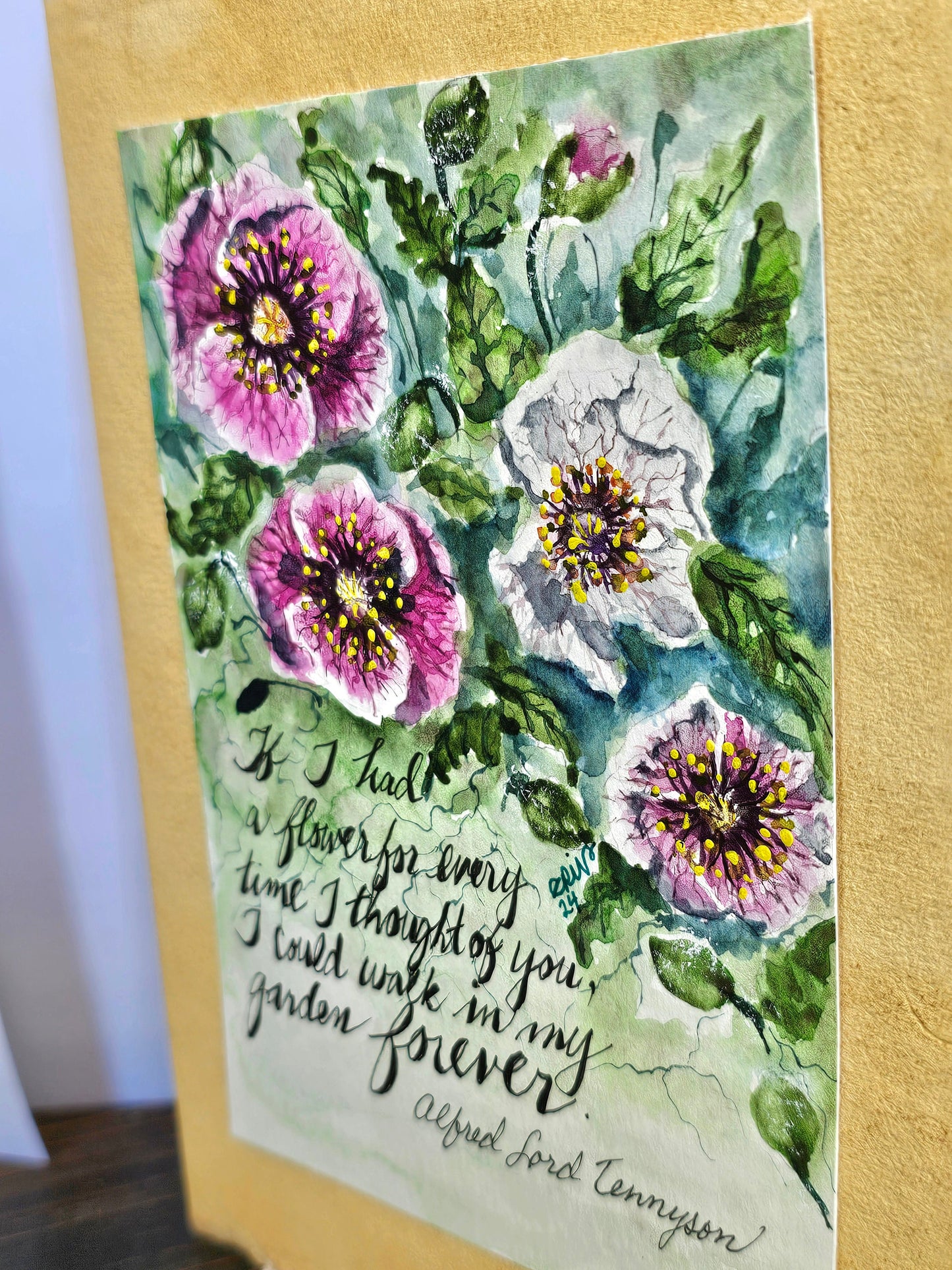 Watercolor Original Painted Poppies Art Card: Burnt Edge Parchment with Envelope