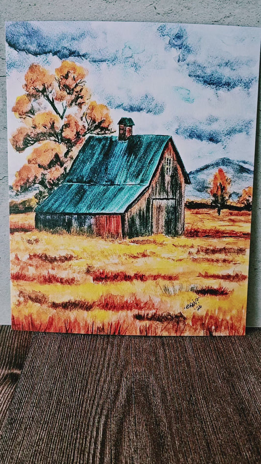 Fall Watercolor Art Painting Print of Rustic Autumn Barn 8x10"