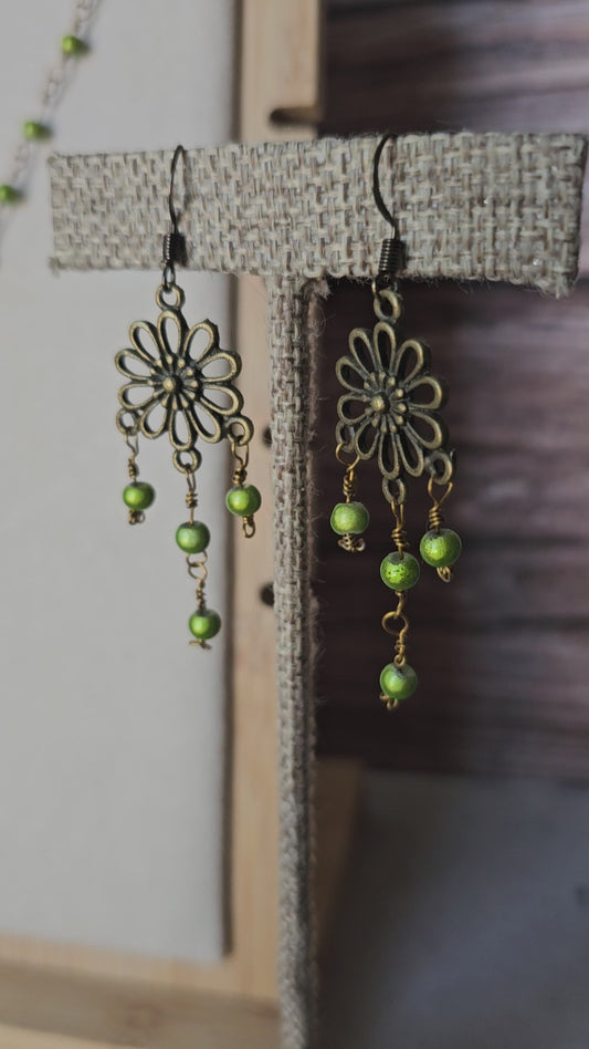Handcrafted Artisan Antique Bronze Flower Necklace & Earrings Set