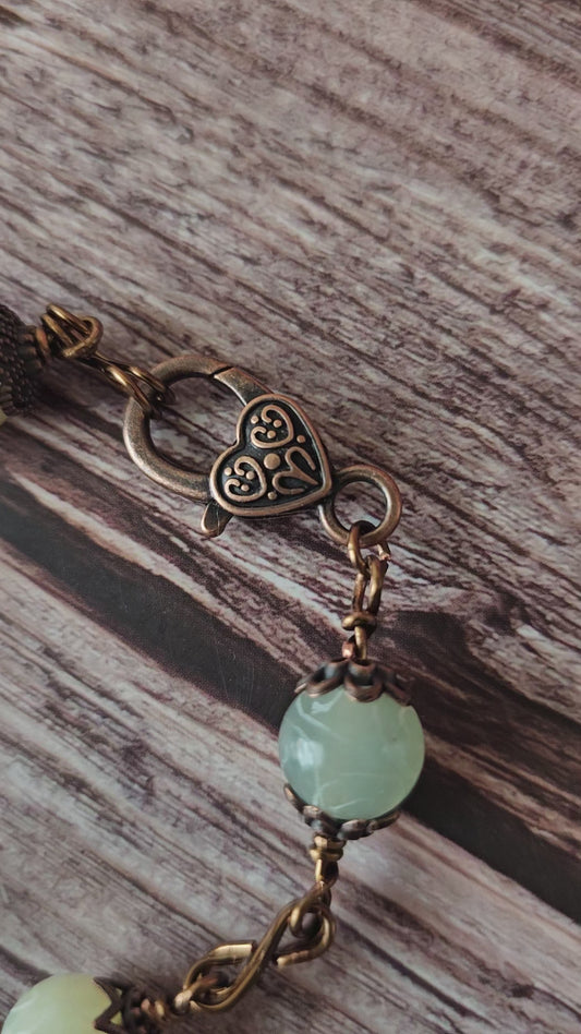 New Artisan Antique Copper Wire Wrap Bracelet W/Green & Cream Scrolled Agate Beads